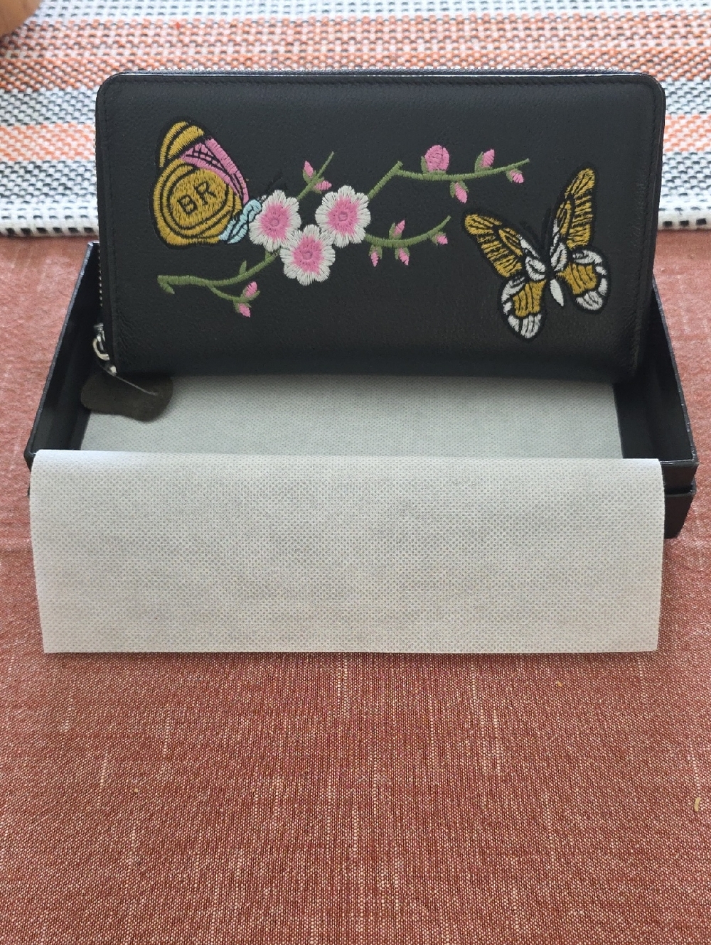 Black Embroidered Floral & Butterfly Zip Wristlet Clutch Wallet NWT